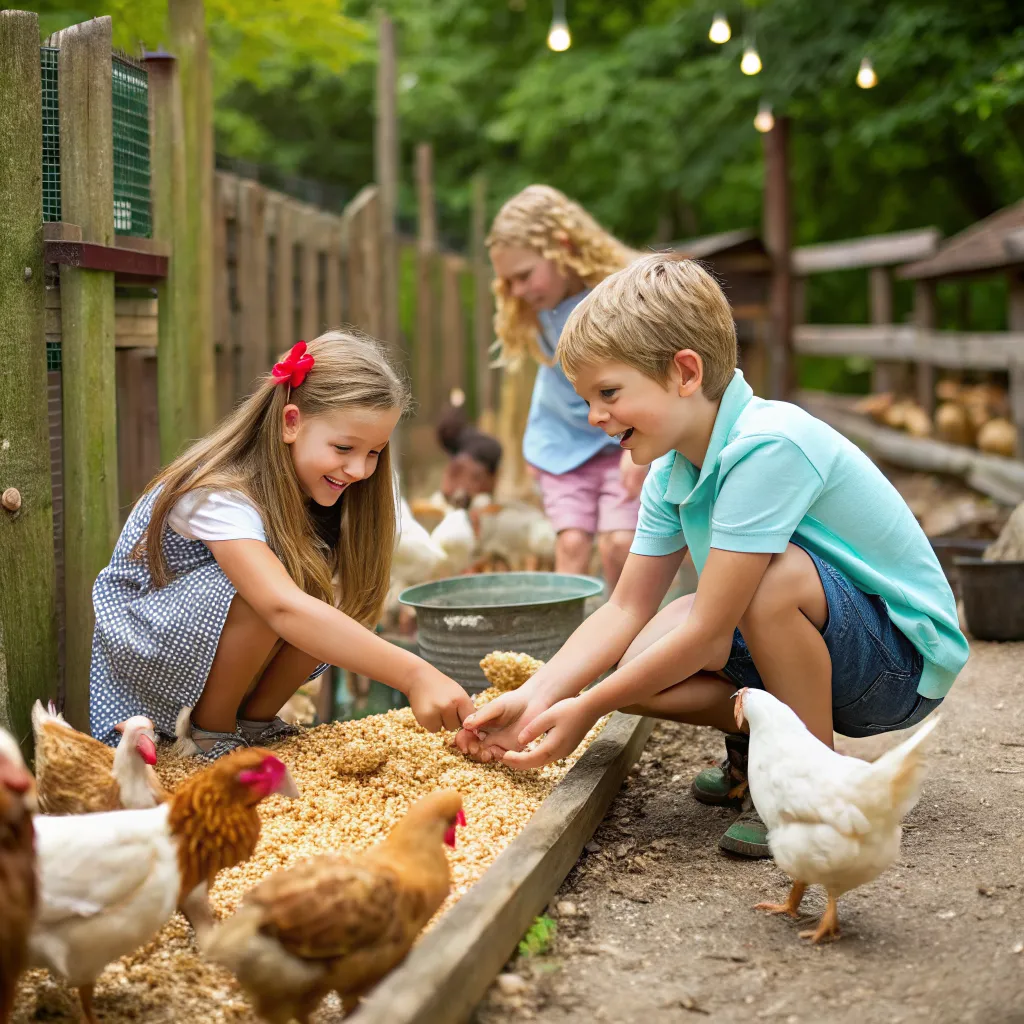 Children feeding chickens at interactive poultry farm